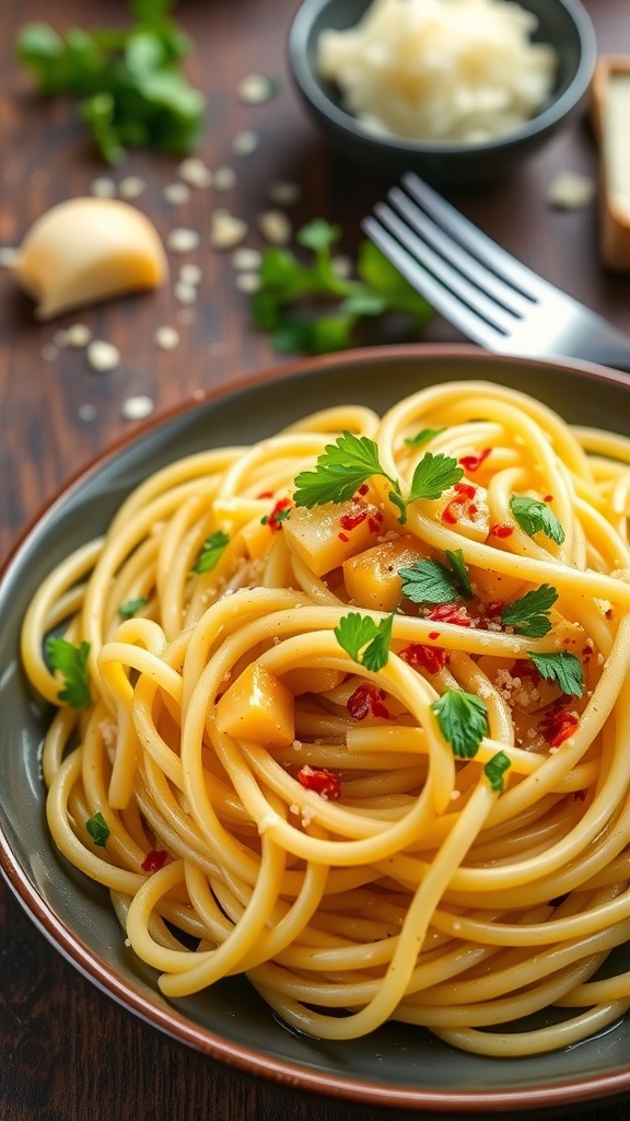 A delicious serving of garlic butter pasta garnished with parsley and Parmesan cheese on a rustic table.